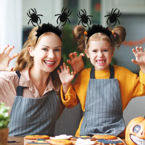 Vista 7 de KOLONAMS Diademas de Halloween de araña negra con purpurina para el pelo de Halloween, sombrero de aro para el pelo de Halloween, desfile, fiesta