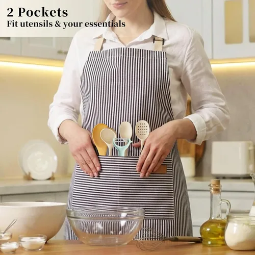 Vista 6 de Paquete de 2 Delantales de Cocina Ajustables con Peto para Mujeres con 2 Bolsillos, Delantales de Cocina Restaurante para Hombres Chefs