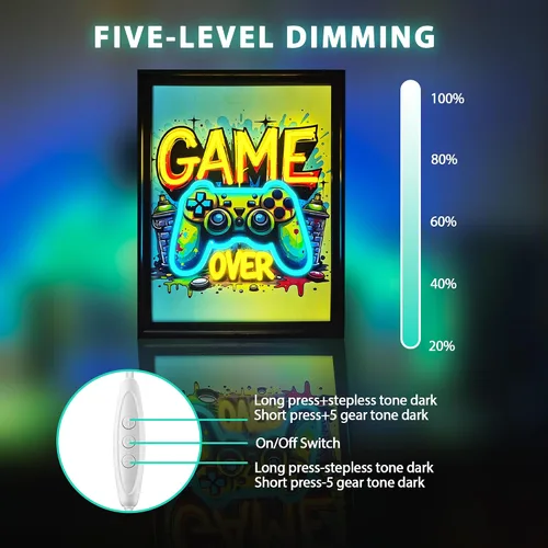 Vista 5 de Cartel de neón para gamer, arte de pared con forma de gamepad regulable en acuarela, imágenes coloridas sobre lienzo para colgar en pared