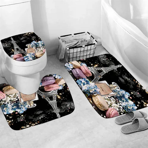 Vista 5 de Chrainy Juego de 4 cortinas de ducha de la torre Eiffel de París, botella de perfume, flores, negro, decoración de baño con 12 ganchos Waterproof