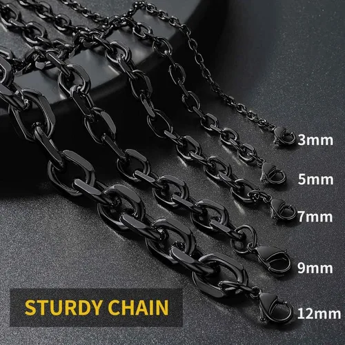 Vista 4 de ChainsHouse - Collar cubano para hombre y mujer, 3mm5mm7mm9mm12mm de ancho, acero inoxidablemetal negrochapado en oro de 18 quilates, 18-30 pulgadas