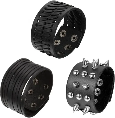 Vista 16 de OIDEA Assorted 3pcs Mens Punk Multistrand Leather Braided Bangle Cuff Bracelet for Biker Dad Father Size Adjustable