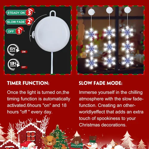 Vista 5 de Decoraciones de Navidad con luces, pack de 3 luces blancas de copo de nieve para ventana, luces de Navidad colgantes, funciona con pilas, decoración