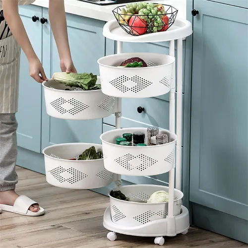 Vista 2 de Soporte de almacenamiento giratorio multifuncional de 5 niveles con 5 ruedas bloqueables para cocina, dormitorio, sala de estar