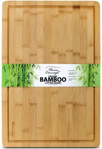 Vista 2 de Orgánic Bamboo [Heim Concept] Tabla de cortar de bambú y bandeja para servir con ranuras para gote, extragrande