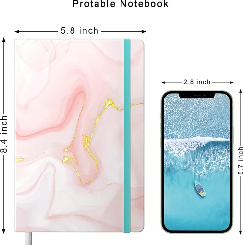 Vista 5 de Cuaderno rayado, tapa dura de mármol rosa, tamaño mediano de 5.7 x 8.4 pulgadas, 160 páginas de papel grueso, bonito cuaderno estético A5 con rayas