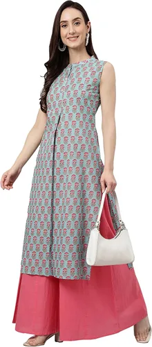 Vista 3 de Janasya Indian - Kurta recto de algodón azul aguamarina con estampado botánico para mujer