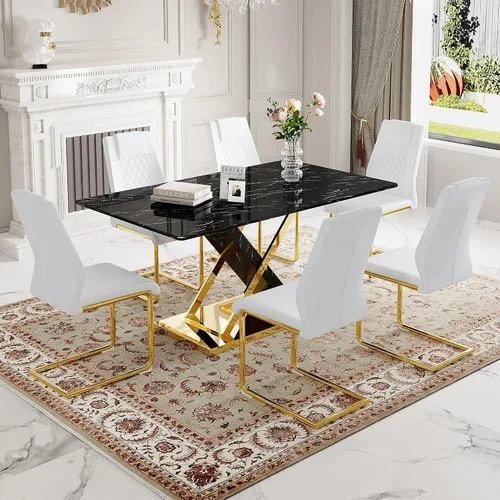 Vista 39 de Juego de mesa de comedor de mármol para mesa rectangular blanca de 6.63 pulgadas con marco de metal plateado en forma de X y 6 sillas de comedor