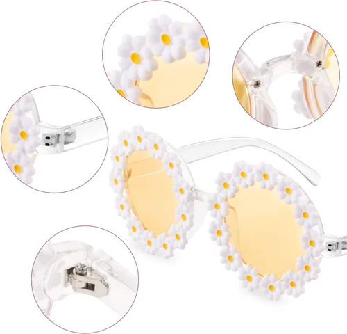 Vista 4 de 2 pares de lentes de sol de margarita para mujer, gafas redondas de flores para adultos y niños, decoración con bolsa de franela de tela para gafas