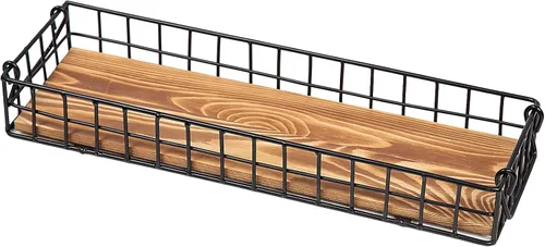 Vista 3 de Bandeja de madera marrón rústica con marco de alambre de metal industrial, asas de malla, caja de exhibición rectangular de madera, mesa de cocina