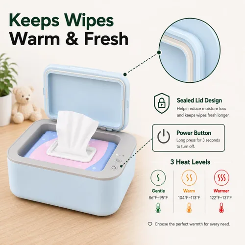 Vista 4 de Calentador de toallitas húmedas para bebés y adultos, dispensador de toallitas de pañales de gran capacidad, temperatura ajustable de 3 niveles, Azul