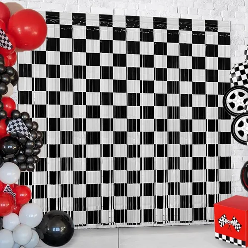 Vista 7 de Decoración de telón de fondo de serpentinas para fiesta de cumpleaños de auto de carreras, 2 piezas de cortina de flecos de papel de aluminio a