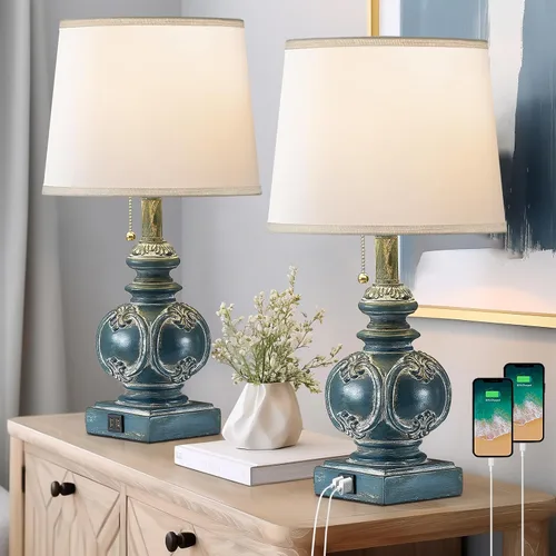 Vista 11 de Juego de 2 lámparas de mesa de noche estilo granja de 19.5 pulgadas, lámparas rústicas para mesita de noche de dormitorio con puertos USB, lámparas
