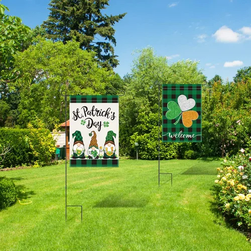 Vista 6 de Boao Bandera de jardín del día de San Patricio, trébol de gnomo de 18 x 12 pulgadas, bandera de jardín de trébol verde irlandés, bandera de jardín
