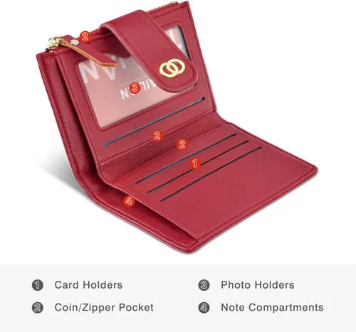 Vista 7 de Cartera pequeña para mujer, de cuero, plegable, con bloqueo RFID, tarjetero compacto para tarjetas de crédito, cartera, Negro -, Billetera Billetera