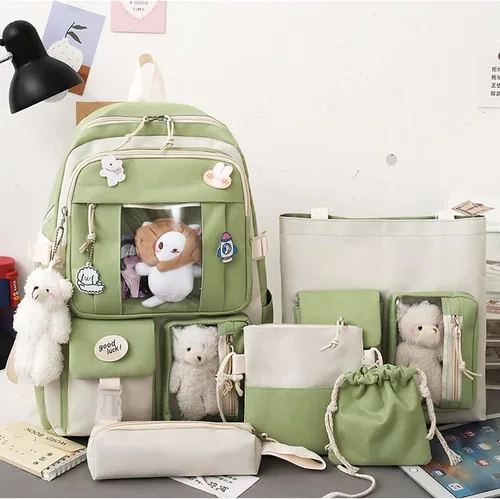 Vista 3 de Mochila Kawaii de 5 piezas, bolsa deportiva estética de 17 pulgadas con bonita mochila, bolsa de hombro, caja de lápices, bolsa de mano, bolsa