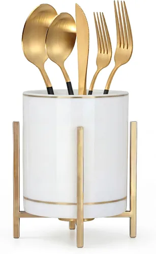 Vista 17 de Organizador de cerámica para cubiertos, soporte redondo para utensilios, soporte para utensilios de cocina para encimera, taza de cerámica con borde