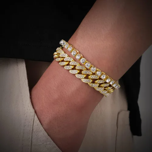 Vista 4 de HH BLING EMPIRE Pulseras de oro y plata de 14 quilates con diamantes y pulsera de eslabones cubanos para hombres y mujeres, joyería de hip hop