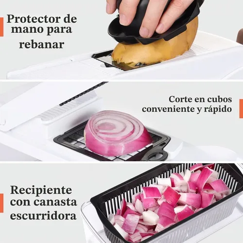 Vista 6 de KEOUKE Cortador de verduras de mandolina pro - Cortador de alimentos con 16 cuchillas intercambiables con recipiente, protector manual y escurridor