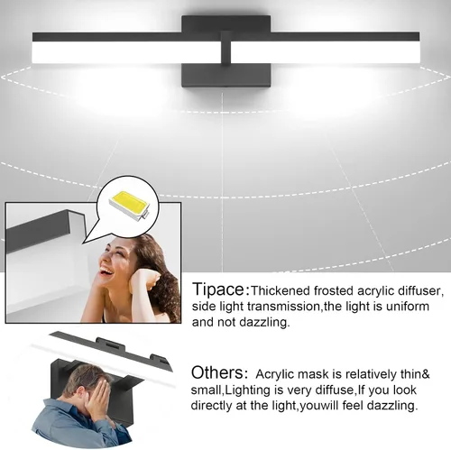 Vista 9 de Tipace Lámparas de baño negras de 24 pulgadas, luces LED modernas sobre espejo (luz blanca, 6000 K)