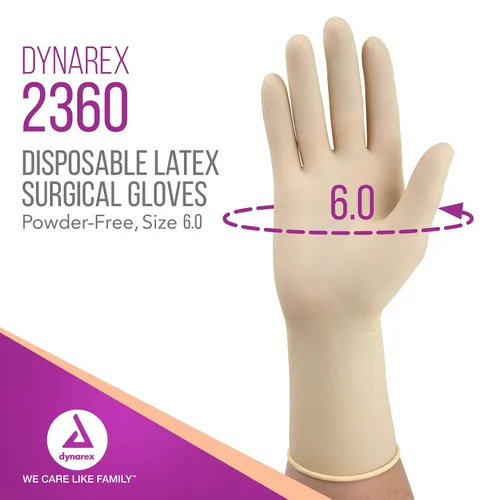 Vista 2 de Dynarex Guantes quirúrgicos de látex desechables estériles, sin polvo, empaquetados estérilmente en pares, uso médico y sanitario profesional