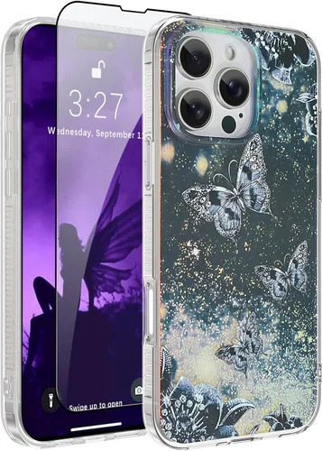 Vista 18 de OOK Diseños para iPhone 14 Pro Max Funda con Purpurina Mariposa Púrpura Diseño de Nebulosa Espacial PC Duro + TPU Suave Parachoques Antideslizante