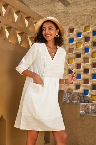Vista 2 de Lafural - Vestido de algodón para verano con cuello en V para mujer, estilo casual, holgado, con manga 34 y bolsillo