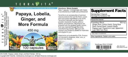 Vista 3 de Fórmula de papaya, lobelia, jengibre y más - 450 mg (100 cápsulas, ZIN: 512465)