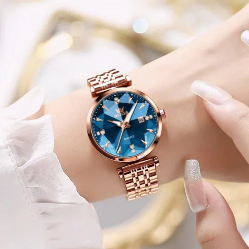 Vista 3 de OLEVS Relojes de mujer Vestido simple Reloj de mujer Reloj de acero inoxidable de oro rosa Reloj impermeable de cuarzo con fecha de lujo