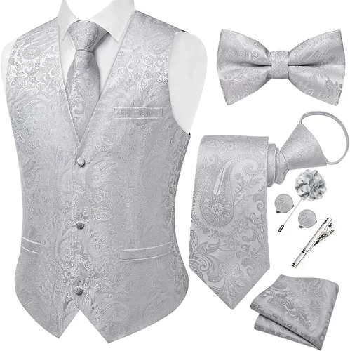 Vista 18 de DiBanGu Conjunto de chaleco de traje de cachemira y corbata preatada para Dorado y Negro