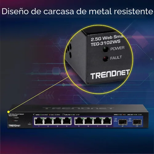 Vista 7 de TRENDnet Conmutador Web Inteligente Multi-Gig de 10 Puertos, TEG-3102WS, 8 Puertos 2.5GBASE-T, 2 Ranuras SFP+ de 10G, Divisor Ethernet, Carcasa