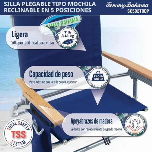 Vista 3 de [Usado] Tommy Bahama - Silla plegable clásica para playa con 5 posiciones y mochila, rayas azules y verdes, 23 x 25.25 x 31.5 pulgadas