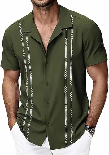 Vista 2 de Camisa de guayabera cubana para hombre, camisa de manga corta con botones, camisas hawaianas casuales de verano, camisas de playa para vacaciones