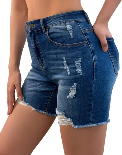 Vista 3 de roswear Pantalones cortos de mezclilla para mujer, estilo casual, de verano, rasgados, de cintura alta, elásticos, desgastados, con dobladillo