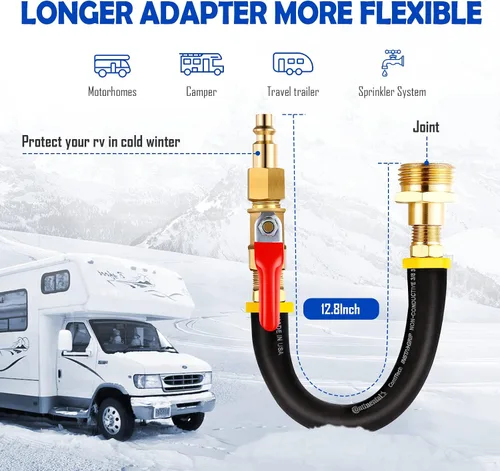 Vista 3 de Kit de invernaje para RV y adaptador de soplado para aspersor con válvula de cierre Compresor de aire enchufe de conexión rápida para manguera