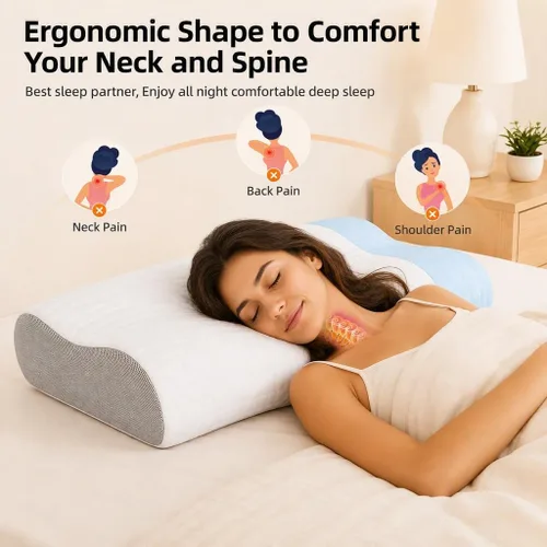 Vista 14 de Almohada de espuma viscoelástica para dolor de cuello, almohada cervical CertiPUR-US® con diseño de doble altura, funda de enfriamiento, soporte