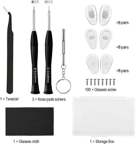 Vista 2 de 18 pares de almohadillas nasales para lentes, kit de reparación de anteojos con destornilladores, almohadillas para la nariz, tornillos, pinzas