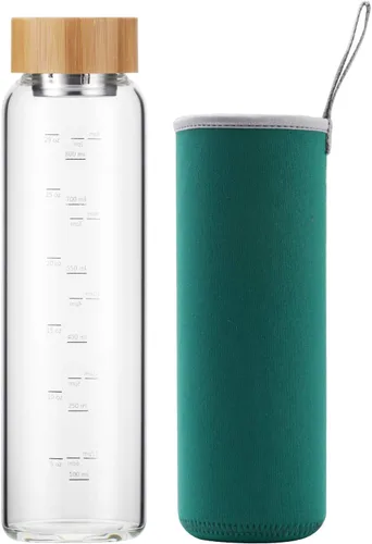 Vista 9 de sunkey Botella de agua de vidrio de 32 onzas de boca ancha con funda de bambú, botella de agua motivacional con marcador de tiempo, reutilizable