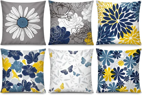 Vista 23 de COMMINY Juego de 6 fundas de almohada decorativas de 16 x 16 pulgadas / 16.0 x 16.0 in., diseño de margaritas y margaritas para sofá, moderna funda