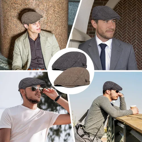 Vista 6 de Senker Fashion - Paquete de 2 gorras Newsboy para hombre, ajustables, de espiga, de tweed, de mezcla de lana, gorra plana Ivy, gorra de taxista