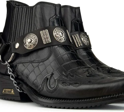 Vista 3 de Botines vaqueros de cuero con diseño de cocodrilo para hombre con tacones cubanos y cadena de metal