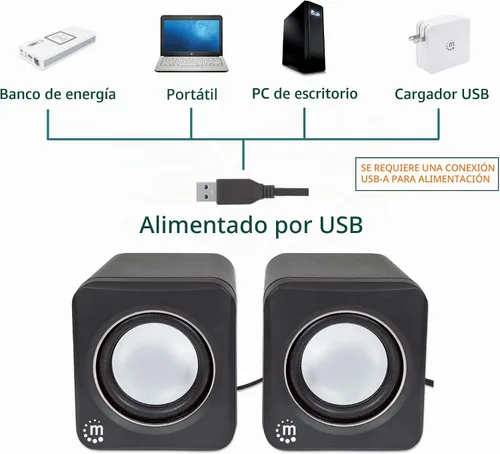 Vista 3 de MANHATTAN Sistema de altavoces estéreo con alimentación USB - Tamaño pequeño - con control de volumen y conector de audio de 3.5 mm para conectar a