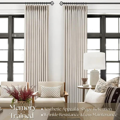 Vista 3 de Cortinas de lino de 63 pulgadas, juego de 2 paneles para sala de estar, beige natural, cortinas con pliegues pellizco entrenadas con memoria