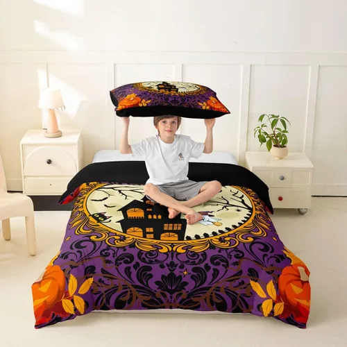 Vista 2 de Erosebridal Halloween Castle Pumpkin Duvet Cover Set Spooky Floral Cartoon Twin Bedding Sets for Girls Kids Boys Vintage Spooky Comforter Cover