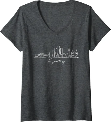 Vista 6 de Camiseta con cuello en V City Skyline Santiago Chile para mujer, Negro