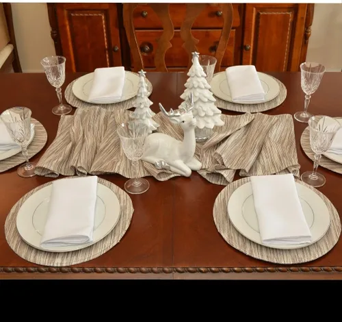 Vista 3 de Brown & Cream with Silver Metallic Striped 108 Inch Table Runner