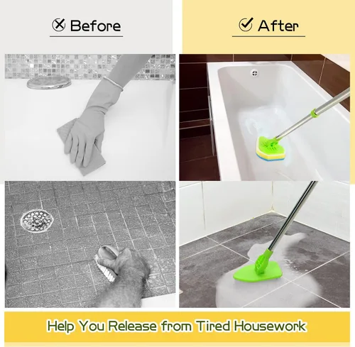 Vista 5 de Cepillo de limpieza con mango largo, 2 en 1, extensible, para baño, con 2 cerdas rígidas y 4 esponjas con mango largo, limpiador ligero desmontable