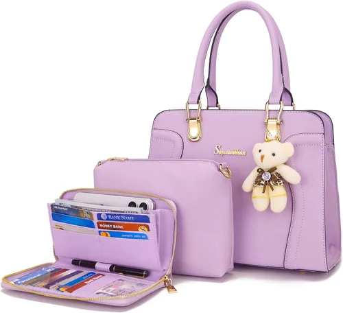 Vista 13 de Soperwillton Monederos para mujer, bolso cruzado de hombro, asa superior, bolsa de mano, cartera, juego de 3 piezas beige/marrón
