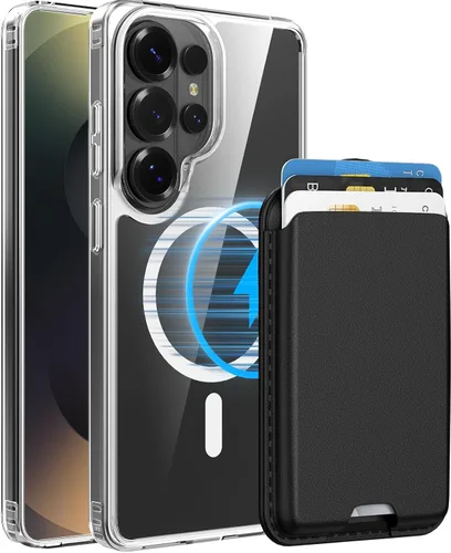 Vista 18 de Funda magnética para Samsung Galaxy S25 FE, transparente y negro con soporte para tarjetas de crédito desmontable, compatible con MagSafe, ajuste