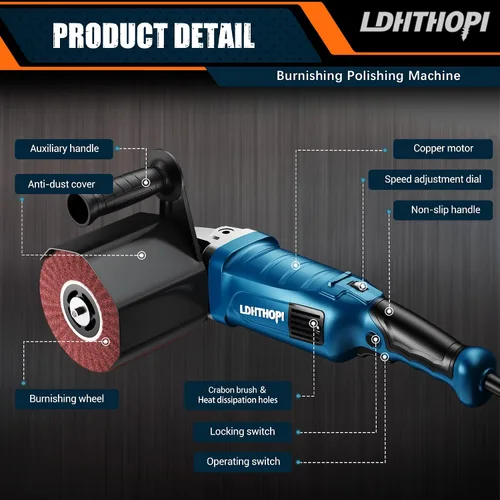 Vista 7 de LDHTHOPI Máquina de pulido y lustrado de 1800W, pulidor eléctrico de acero inoxidable de mano de 110V, 8 velocidades variables, 3100RPM para metal